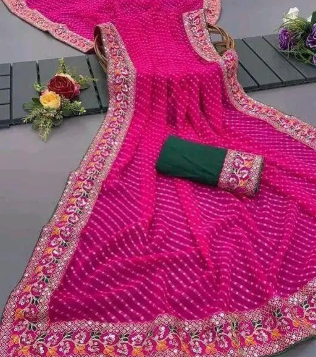 Traditional Pink Bandhani Printed Saree with Designer Mirror Work Border