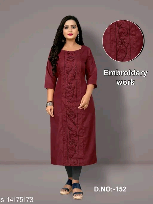 Women's mahroon Embroidered Straight Kurti