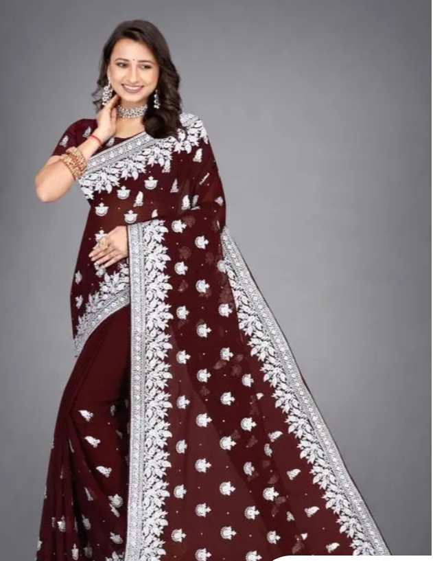 Royal Deep Maroon Georgette Saree with Exquisite Silver Jaal Embroidery