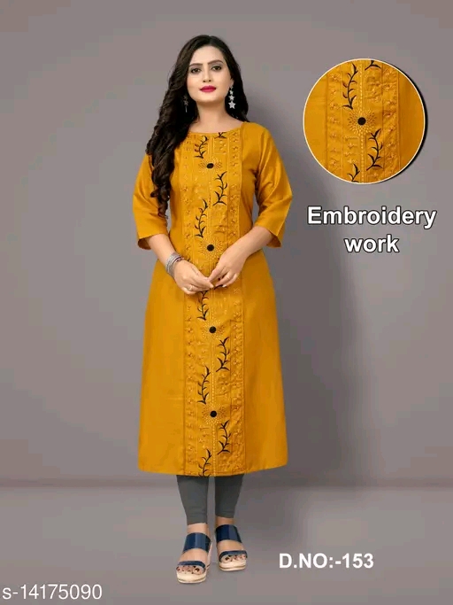 Women's Dark yellow Embroidered Straight Kurti